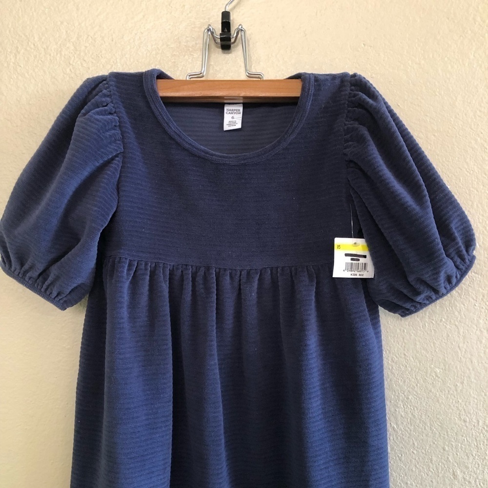 Harper Canyon Girls Ribbed Velour Puff Sleeves Navy Blue Dress Size 6 - Picture 3 of 8